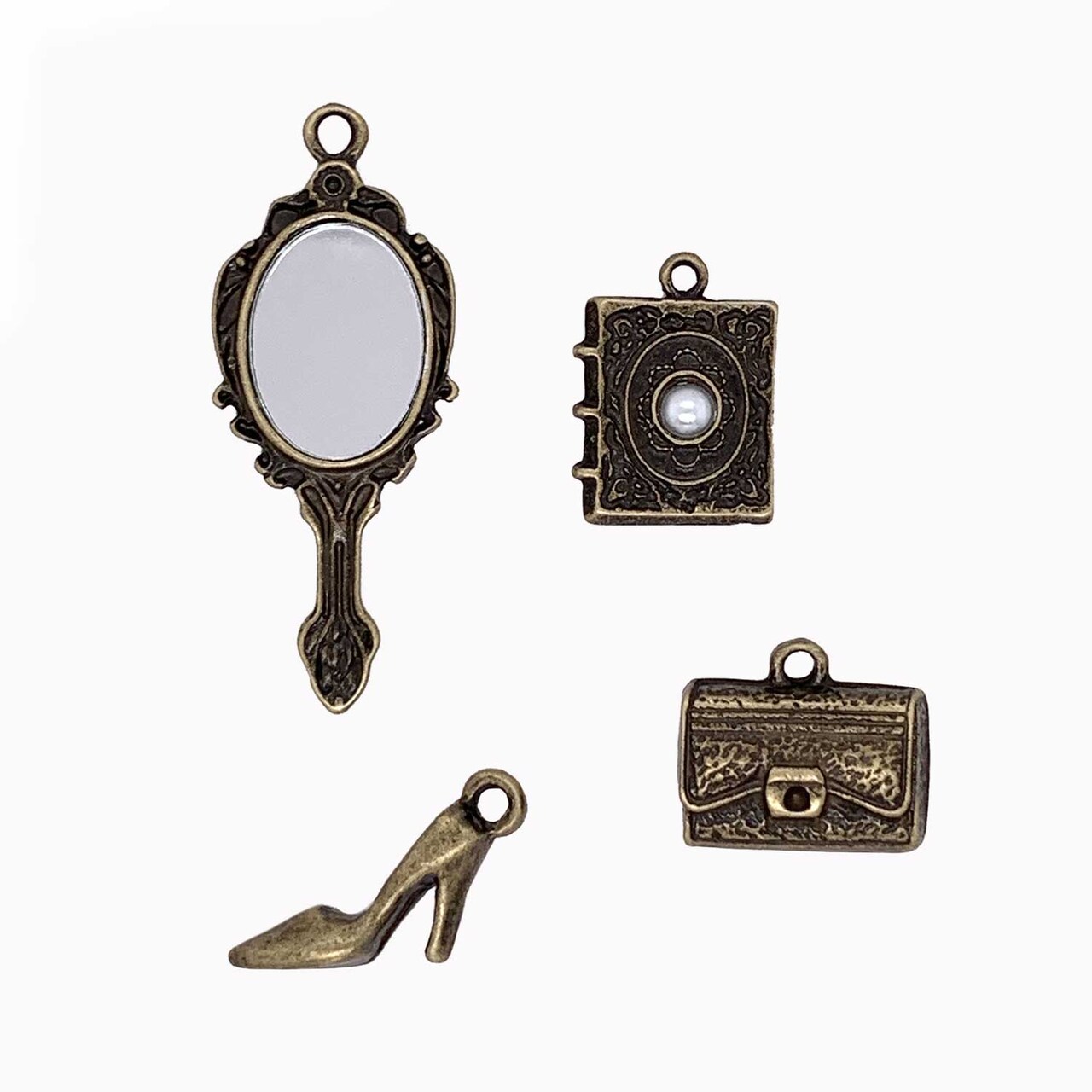 Antique Gold Mirror, Shoe, Purse and Journal 4pc Vintage Charms Set